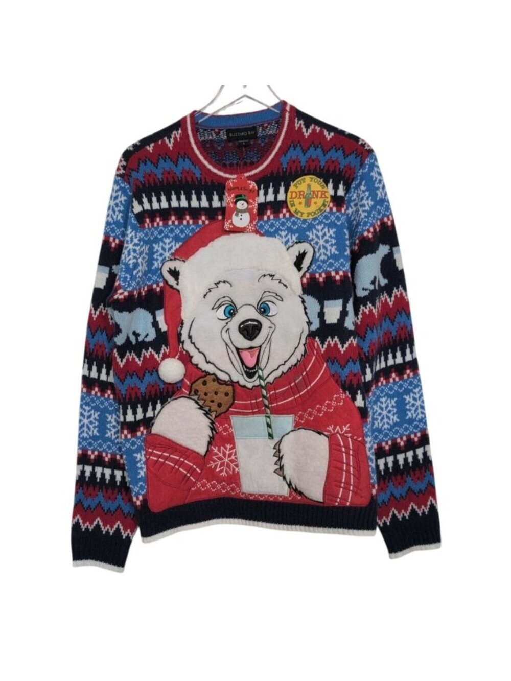 Blizzard Bay Drink Holder Sweater Size Large Blue Ugly Christmas Polar Bear NEW